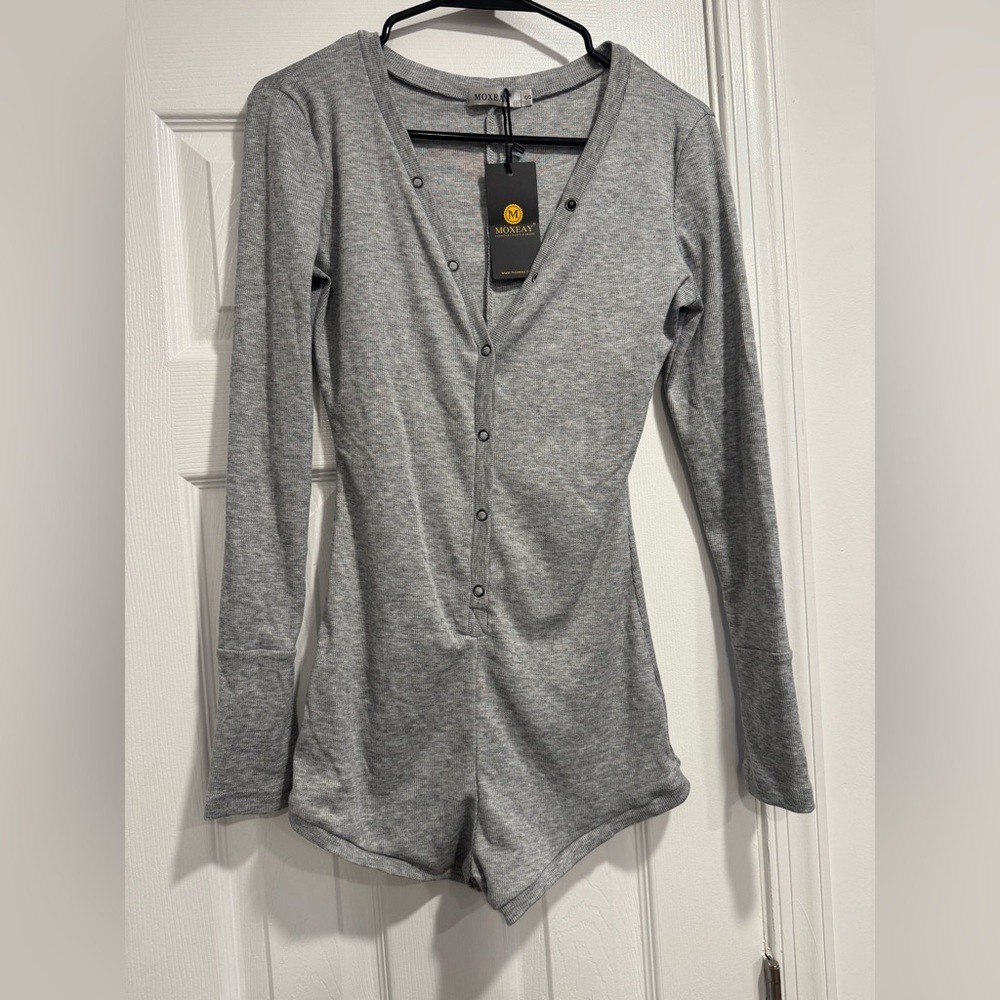 Gray Long Sleeve Button-Up Romper